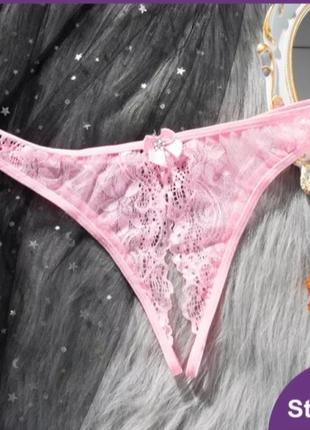 Стринги с дырочкой розовые - размер универсальный, резинка тянется до 84см