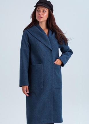 Пальто женское миди, с капюшоном, шерстяное демисезонное осеннее весеннее, цвет - джинс - размер 443 фото