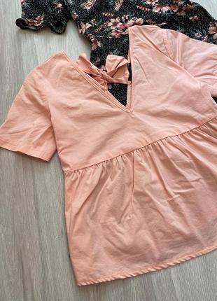Хлопковая розовая блузка топ на завязке с баской рожева бавовняна блуза із зав‘язкою оверсайз s/m3 фото