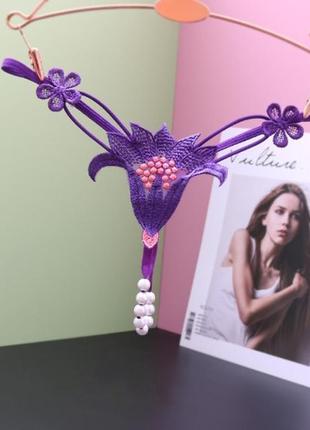 Еротичні труси з перлами фіолетові "квітка" - розмір універсальний, (на резинці)