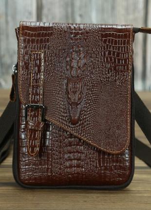 Крутейшая мужская сумка из натуральной кожи с тиснением крокодила  25*18 планшет плечо мессенджер