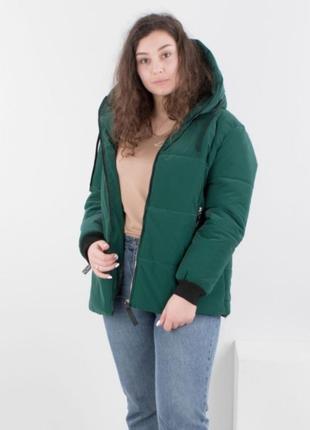 Стильна зелена осіння демісезон куртка з капюшоном батал великий розмір