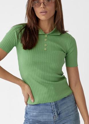 Жіноча футболка поло в рубчик, фісташка колір1 фото