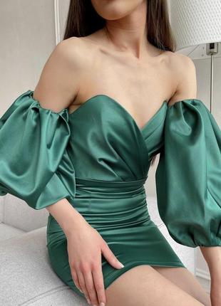Зелене ізумрудне плаття атласне корсетне міні коротке з пишним рукавом святкове вечернє