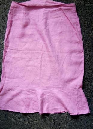 Розовая льняная прямая юбка с воланом3 фото