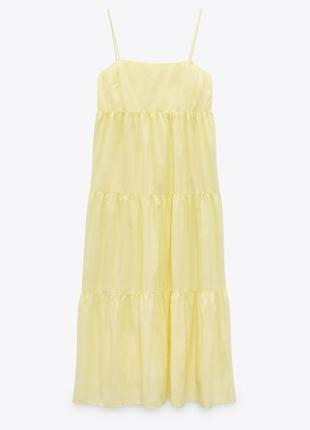 Нежное лимонное платье-миди ✨zara✨ ярусное платье хлопокое хлопок на тонких бретелях3 фото