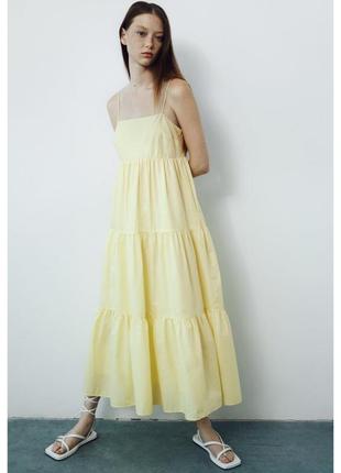 Нежное лимонное платье-миди ✨zara✨ ярусное платье хлопокое хлопок на тонких бретелях2 фото
