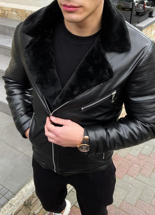 Куртка мужская кожаная чёрная зимняя