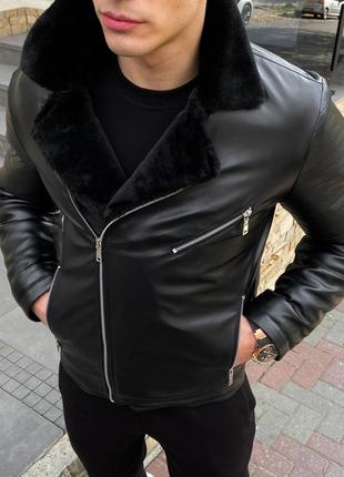 Куртка мужская кожаная чёрная зимняя4 фото