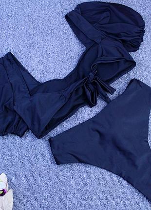 Модный раздельный купальник с рукавами фонариками завышенная талия
