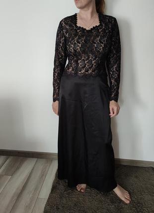Довга чорна сукня плаття платье в пол мереживо атлас сатин6 фото