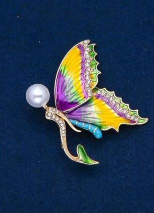 Брошь бабочка русалка эмаль, белые стразы, "жумчужина" / "перлина"1 фото
