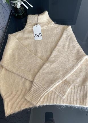 Свитер zara, бежевый свитер zara, трикотажний светр із піднятим коміром zara7 фото