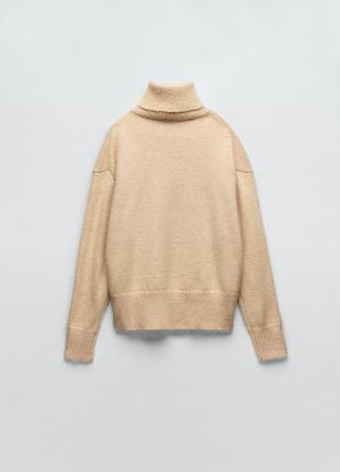 Свитер zara, бежевый свитер zara, трикотажний светр із піднятим коміром zara3 фото