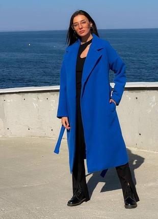 Жіноче довге синє кашемірове пальто