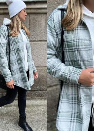 Рубашка кашемировая в клеточку теплая бежевая синяя серая зеленая пудровая шотландка пальто кардиган батал