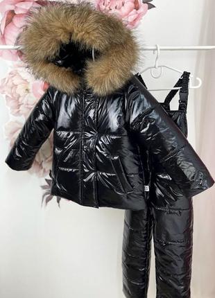 Зимовий костюм з хутром песця до -30 морозу чорний з лаком монклер4 фото