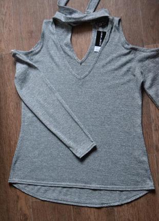 Кофта светр select, кофта з відкритими плечима й довгими рукавами, сірий джемпер з чокером1 фото