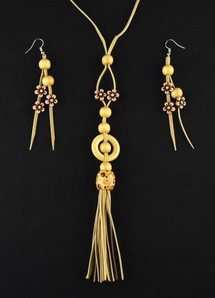🏵етно набір біжутерії з дерева сережки і кулон, новий! арт.2817