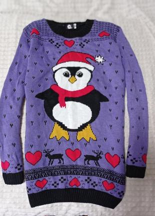 Продам новогодний зимний свитер пингвин дед мороз m