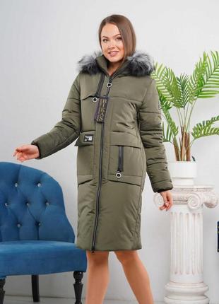Актуальна жіноча зимова куртка кольору хакі. безкоштовна доставка.3 фото