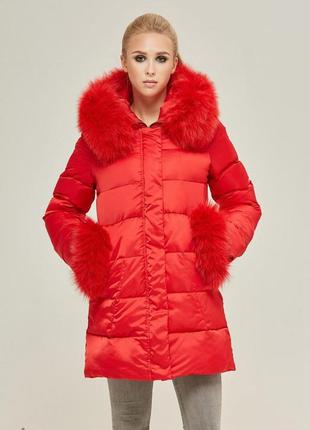 Яркая модная женская куртка с меховой отделкой