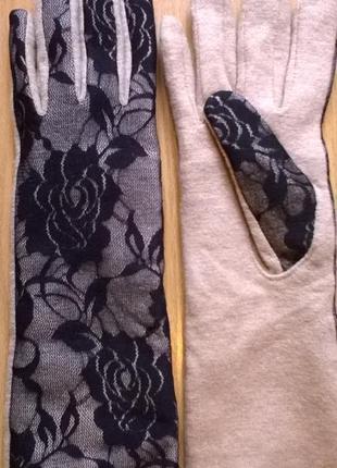 Шикарные длинные теплые перчатки р. l с кружевными вставками, беж2 фото