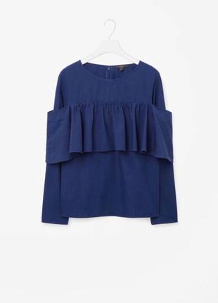 Темно синя сорочка блузка з воланом бавовняна блуза4 фото