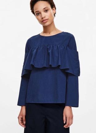 Темно синя сорочка блузка з воланом бавовняна блуза