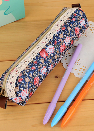 Косметичка пенал темно-сірий (синій) квіти