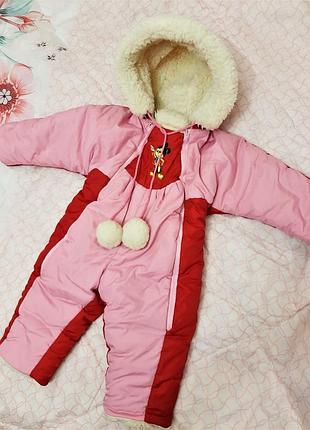 Зимовий комбінезон на синтепоні та білому хутрі з капюшоном рожевий червоний на дівчинку 1,5-2 роки