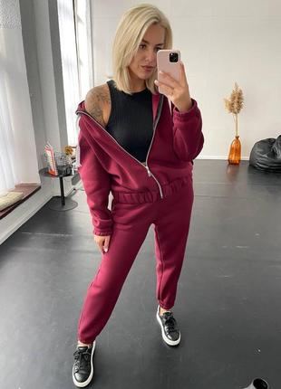 Теплый женский спортивный костюм на флисе 42-44 46-48 50-52 54-56 (s-5xl) бордовый
