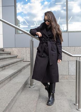 Зимнее длинное черное женское пальто2 фото