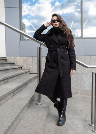 Зимнее длинное черное женское пальто10 фото