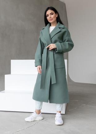 Длинное демисезонное женское брендовое пальто оверсайз с поясом9 фото
