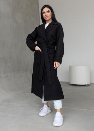Модное длинное демисезонное женское пальто оверсайз черного цвета2 фото