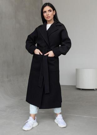 Модное длинное демисезонное женское пальто оверсайз черного цвета