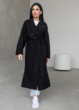 Модное длинное демисезонное женское пальто оверсайз черного цвета9 фото