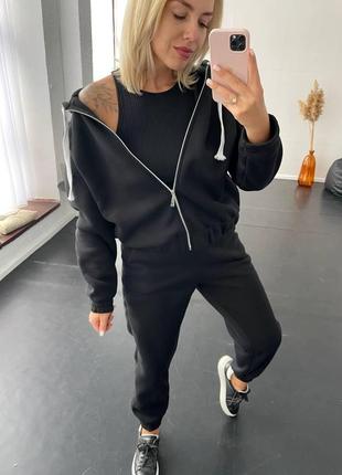 Теплый женский спортивный костюм на флисе 42-44 46-48 50-52 54-56 (s-5xl) черный