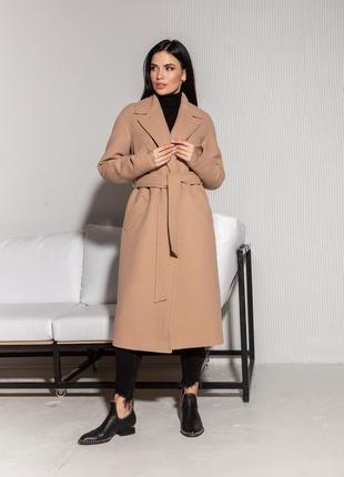 Трендовое длинное демисезонное женское пальто с поясом мадрид5 фото