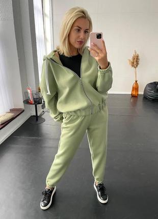 Теплый женский спортивный костюм на флисе 42-44 46-48 50-52 54-56 (s-5xl) фисташка
