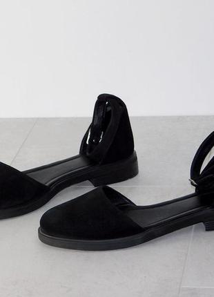 Туфельки на низком ходу черные замшевые с ремешком женские 41р