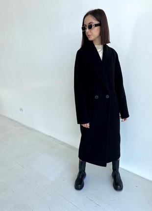Актуальное люксовое кашемировое черное длинное пальто3 фото