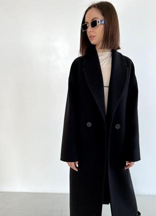 Актуальное люксовое кашемировое черное длинное пальто6 фото