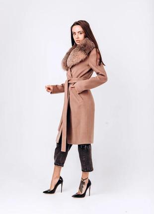 Зимнее женское кашемировое пальто с мехом лисы2 фото