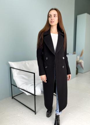 Трендовое длинное черное женское классическое пальто4 фото