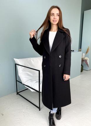 Трендовое длинное черное женское классическое пальто9 фото