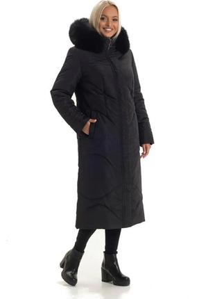 Зимнее черное женское длинное батальное пальто2 фото