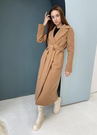Зимове двобортне жіноче довге кашемірове пальто кольору кємел6 фото