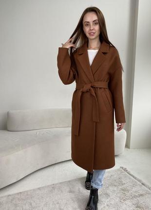 Шерстяное зимнее актуальное свободное пальто оверсайз терракотового цвета1 фото